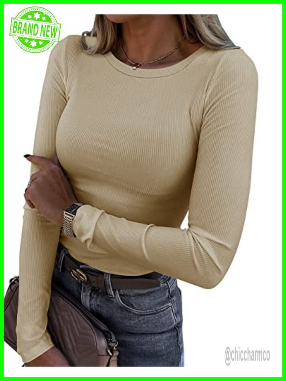 Women's Long Sleeve Ribbed Knit Fitted Crewneck T-Shirt Top Stretch Rayon